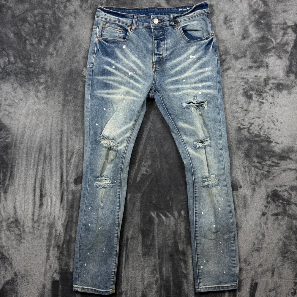 Purple Brand P001 Skinny Jeans Mens 32 Blue Good Distressed Paint Splatter